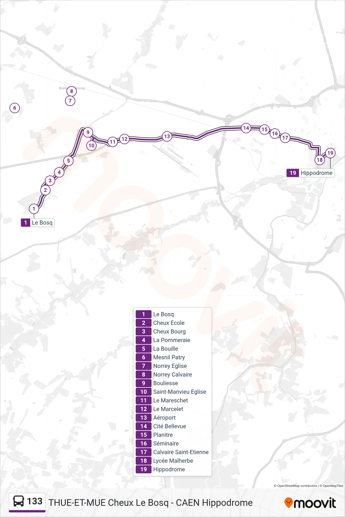 Tracé et arrêts de la ligne 133 de bus (Caen Hippodrome) sur une carte