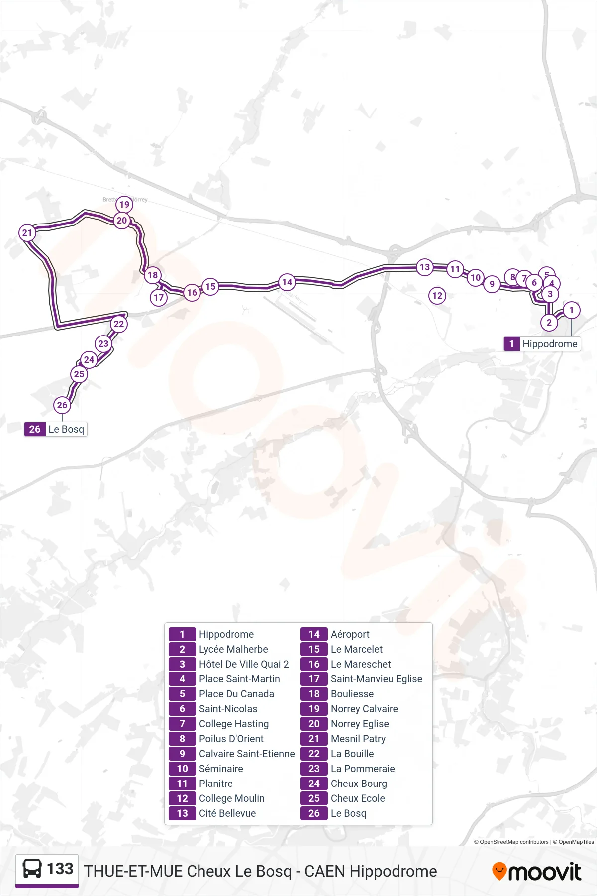 Tracé et arrêts de la ligne 133 de bus (Cheux Le Bosq) sur une carte