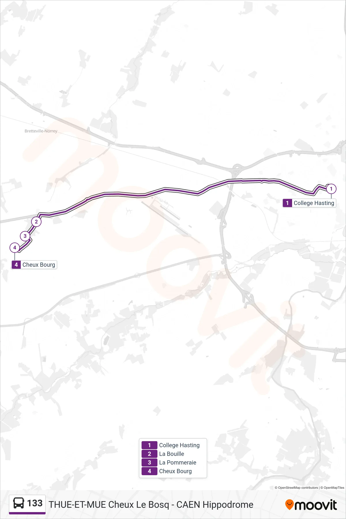 Tracé et arrêts de la ligne 133 de bus (Cheux Bourg) sur une carte