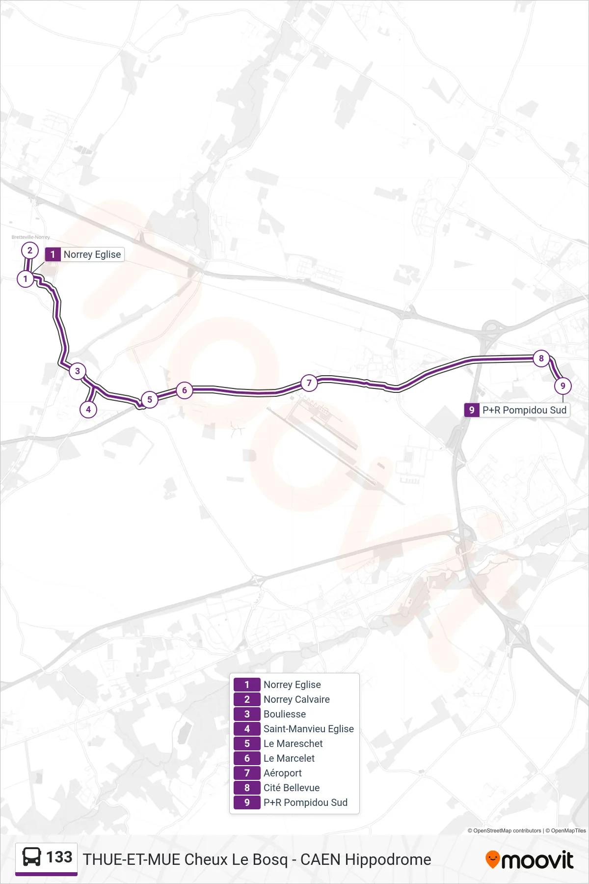 Recorrido y paradas de la línea 133 de autobús (Caen P+R Pompidou Sud) en el mapa
