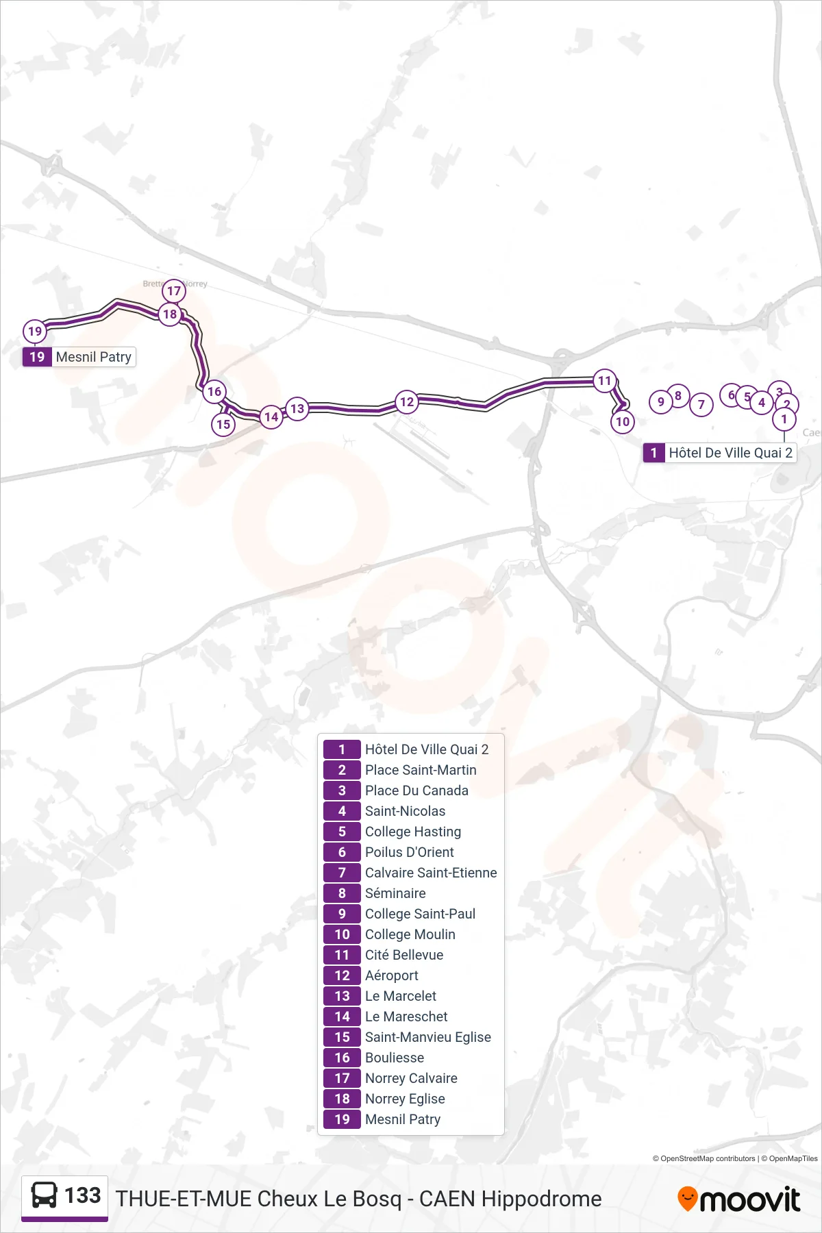 Tracé et arrêts de la ligne 133 de bus (Thue Et Mue Mesnil Patry) sur une carte