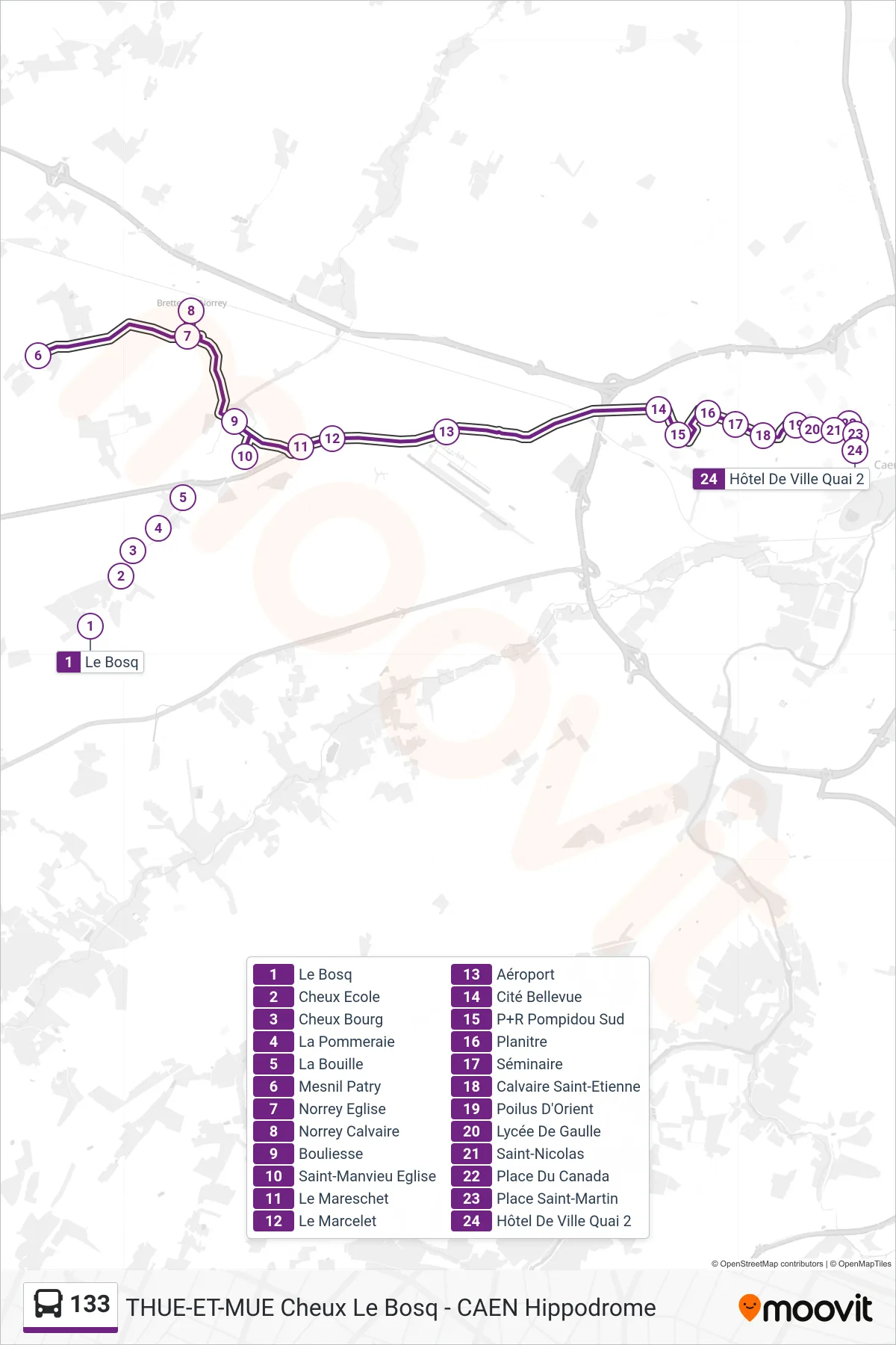 Tracé et arrêts de la ligne 133 de bus (Caen Hôtel De Ville) sur une carte