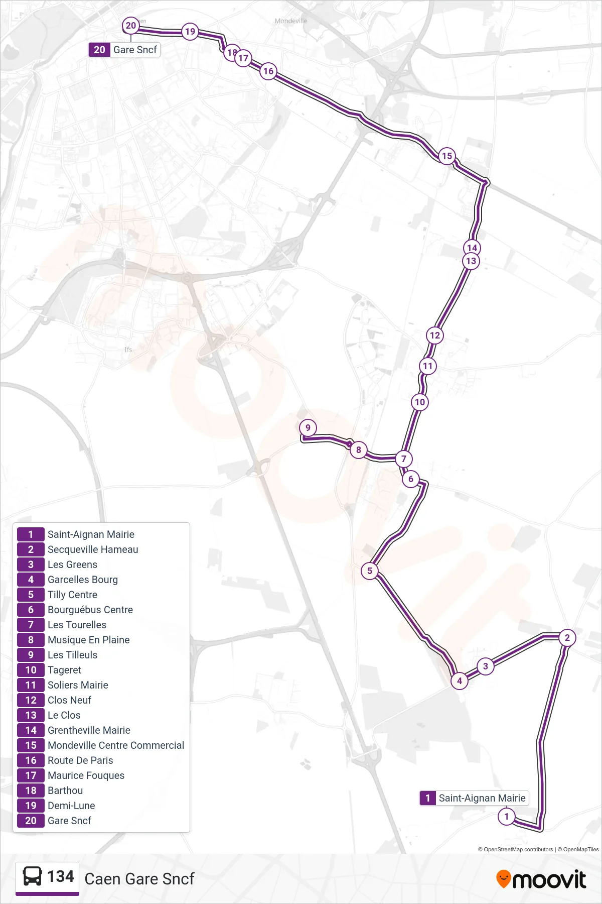 Tracé et arrêts de la ligne 134 de bus (Caen Gare Sncf) sur une carte