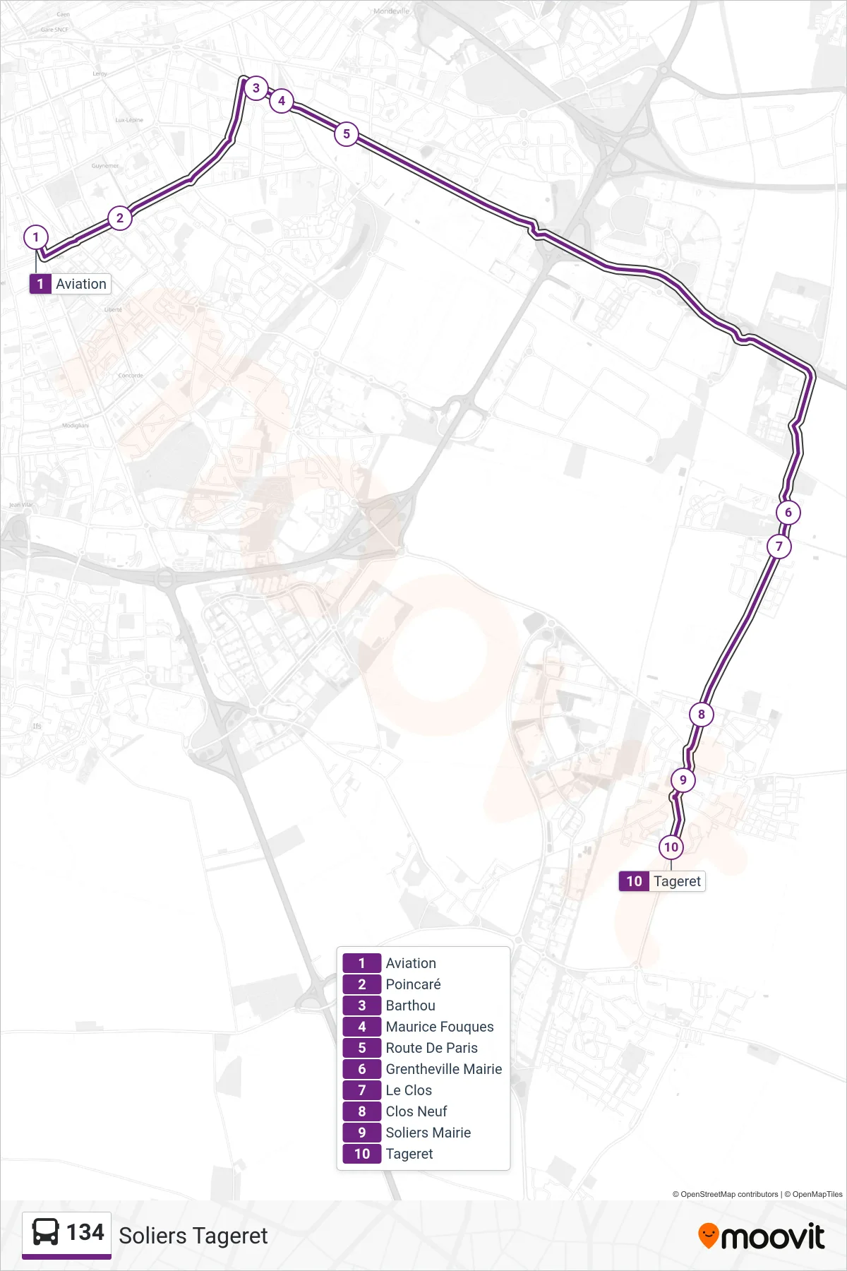 Tracé et arrêts de la ligne 134 de bus (Soliers Tageret) sur une carte