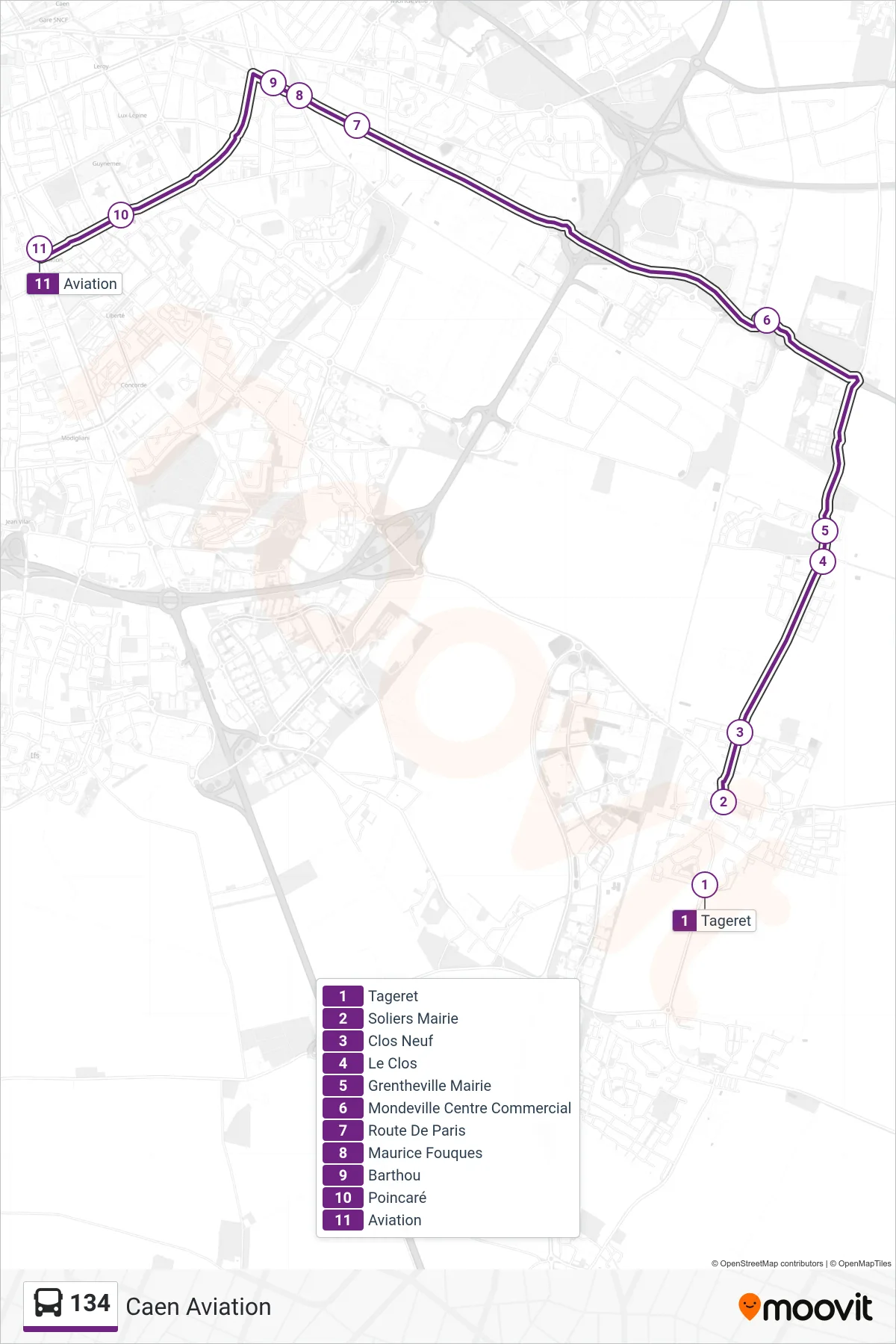 Tracé et arrêts de la ligne 134 de bus (Caen Aviation) sur une carte