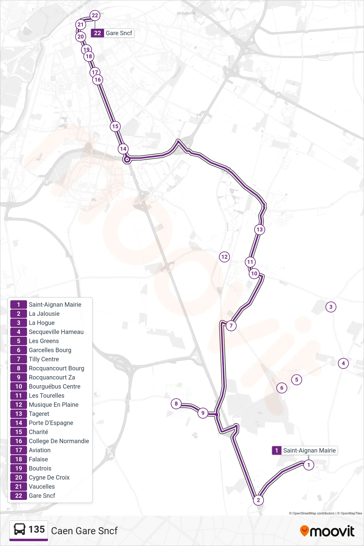 Tracé et arrêts de la ligne 135 de bus (Caen Gare Sncf) sur une carte