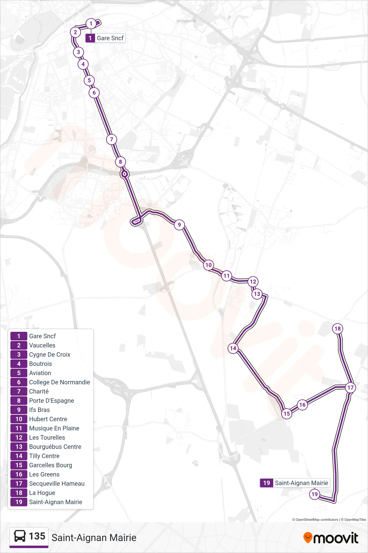 Tracé et arrêts de la ligne 135 de bus (Saint-Aignan Mairie) sur une carte