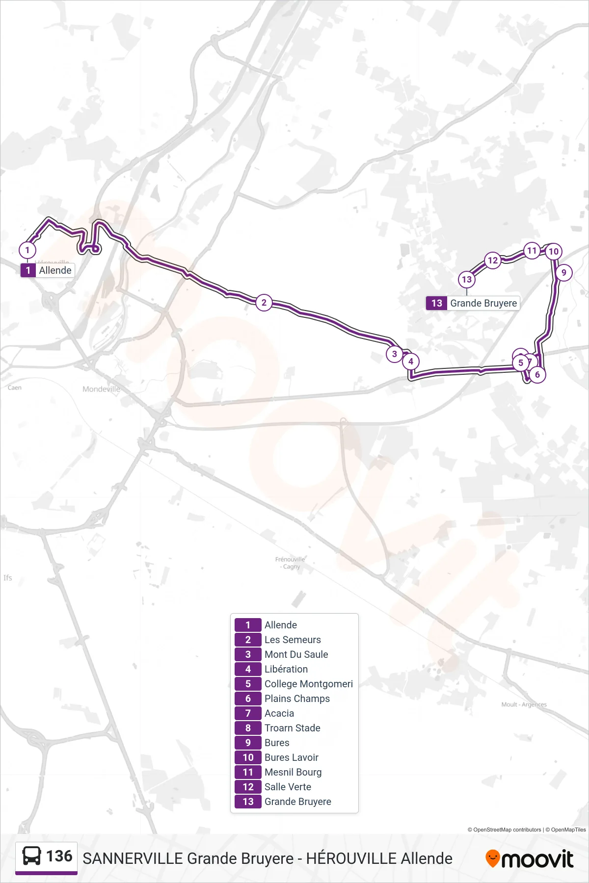 Tracé et arrêts de la ligne 136 de bus (Troarn Grande Bruyere) sur une carte