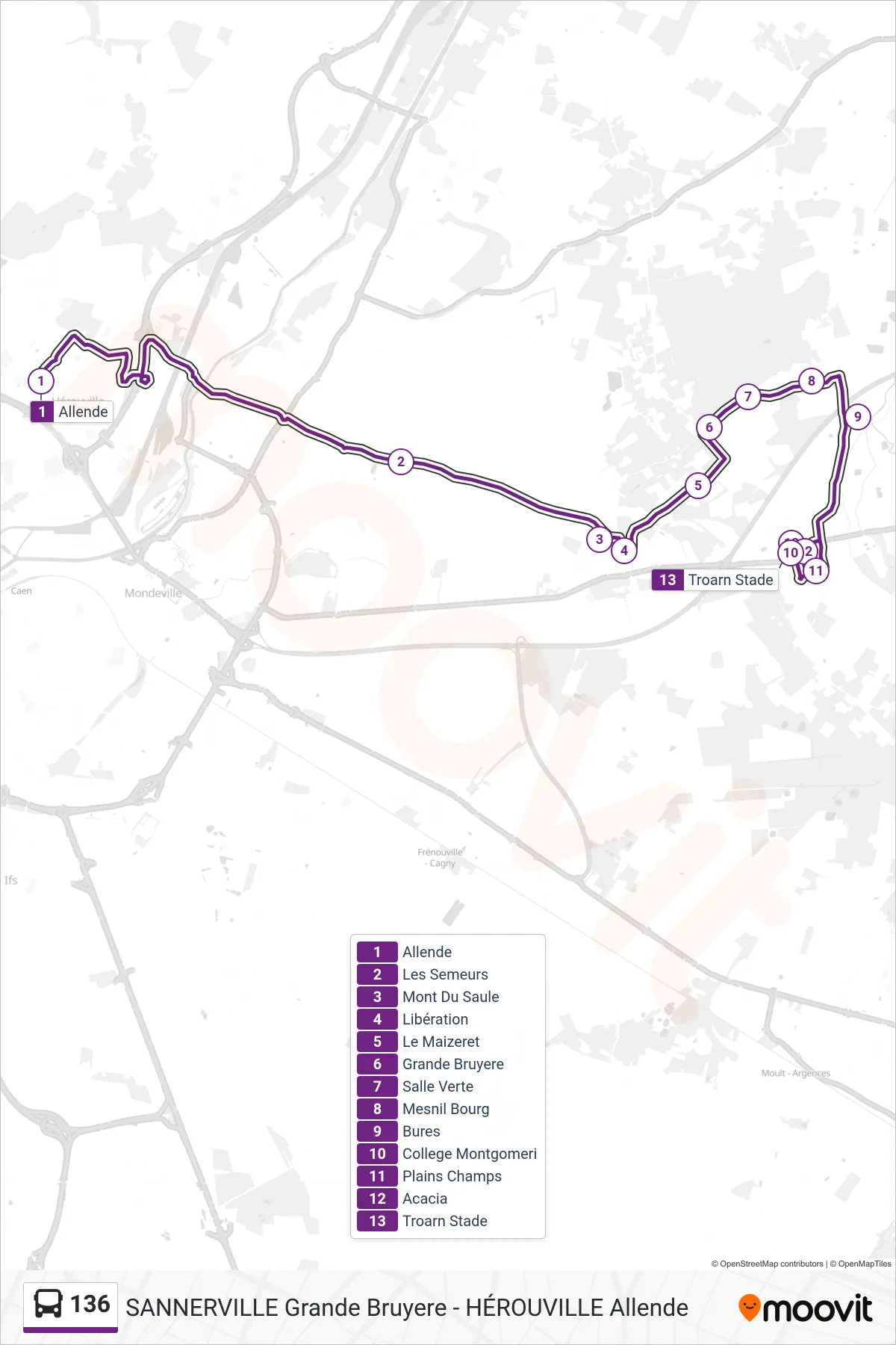 Tracé et arrêts de la ligne 136 de bus (Troarn Stade) sur une carte