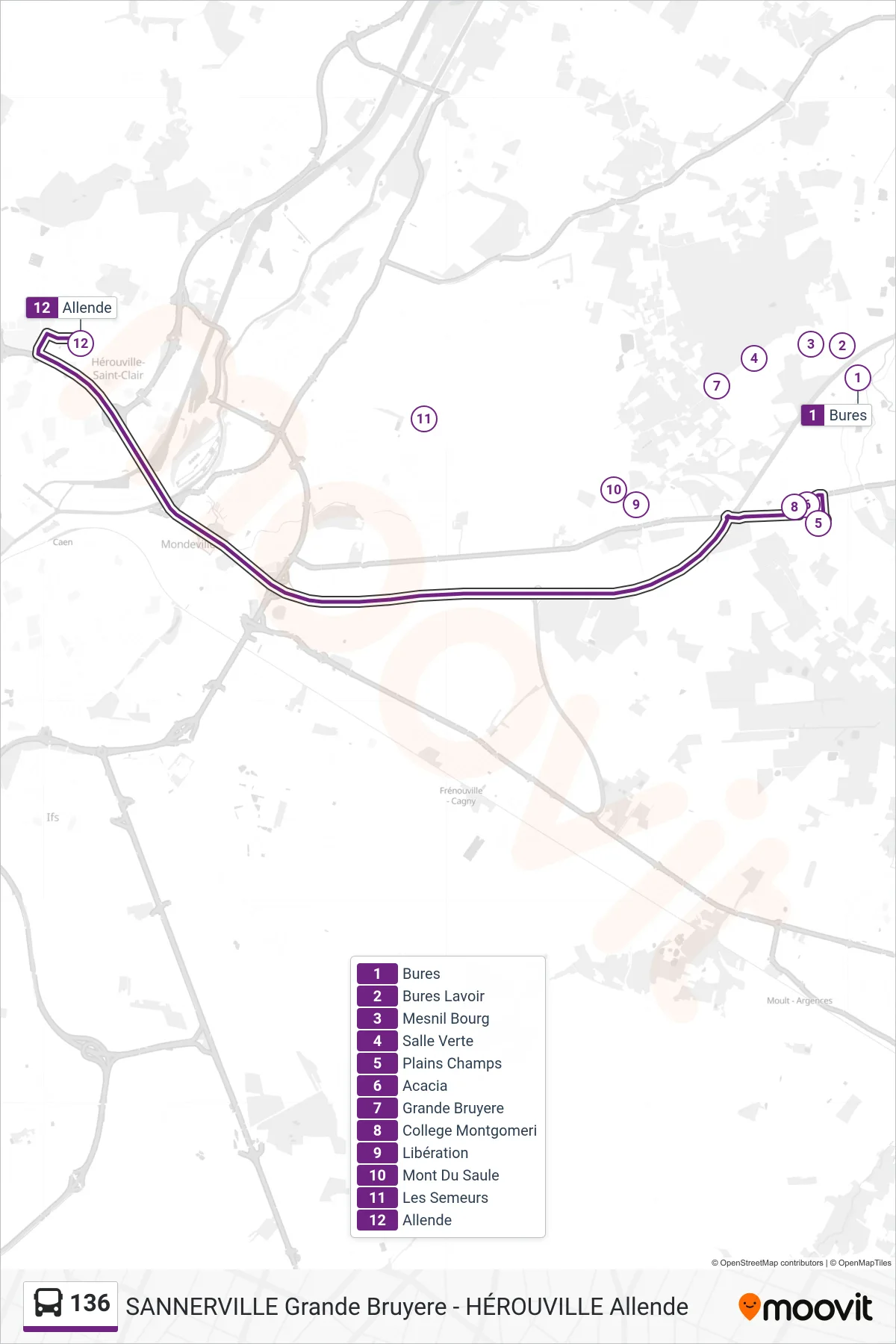 Tracé et arrêts de la ligne 136 de bus (Herouville Lycée Allende) sur une carte