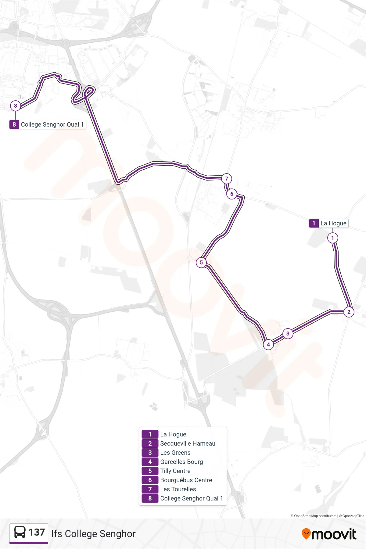 Tracé et arrêts de la ligne 137 de bus (Ifs College Senghor) sur une carte