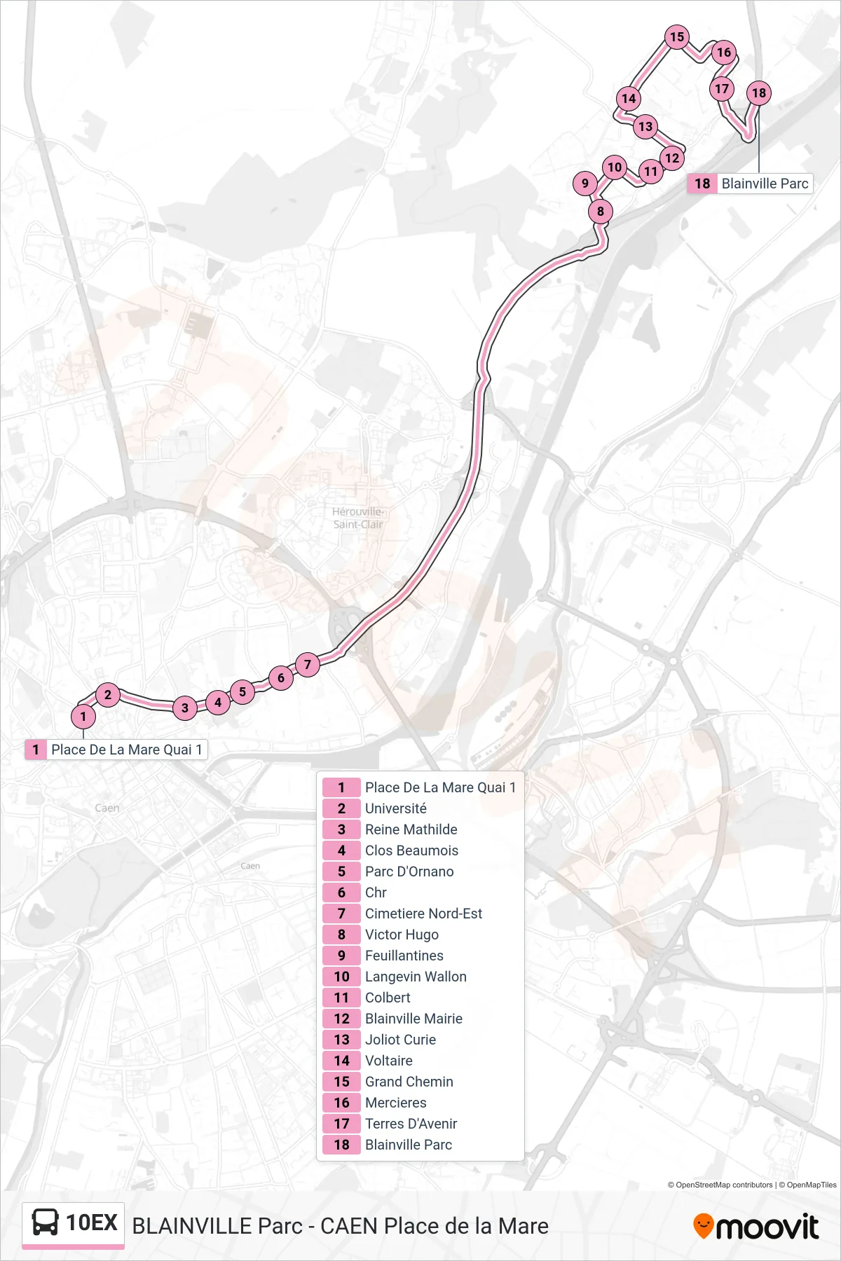 Tracé et arrêts de la ligne 10EX de bus (Blainville Parc) sur une carte