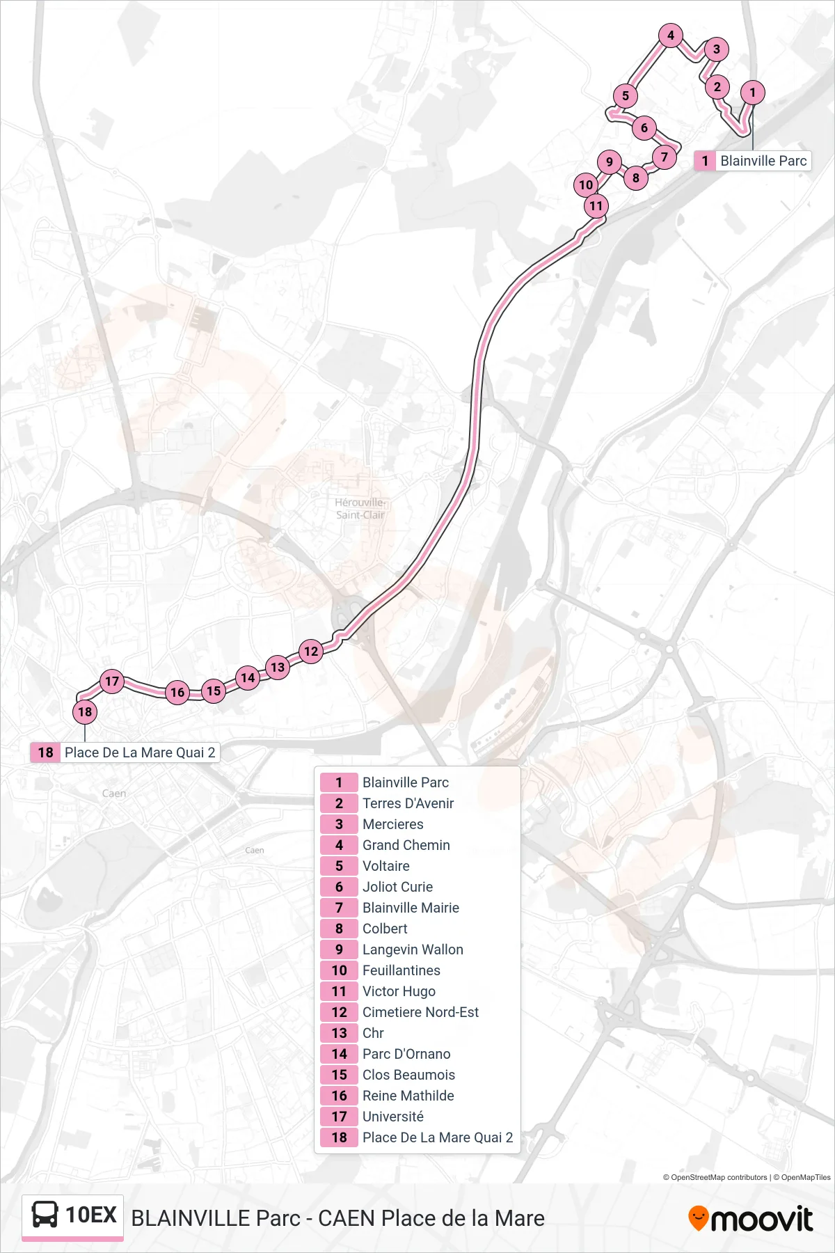 Tracé et arrêts de la ligne 10EX de bus (Caen Place De La Mare) sur une carte