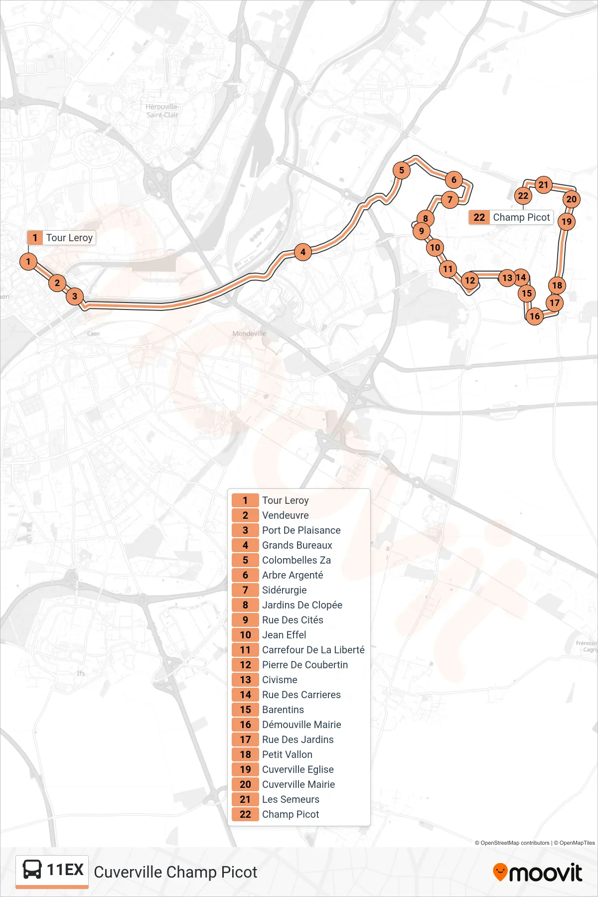 Tracé et arrêts de la ligne 11EX de bus (Cuverville Champ Picot) sur une carte