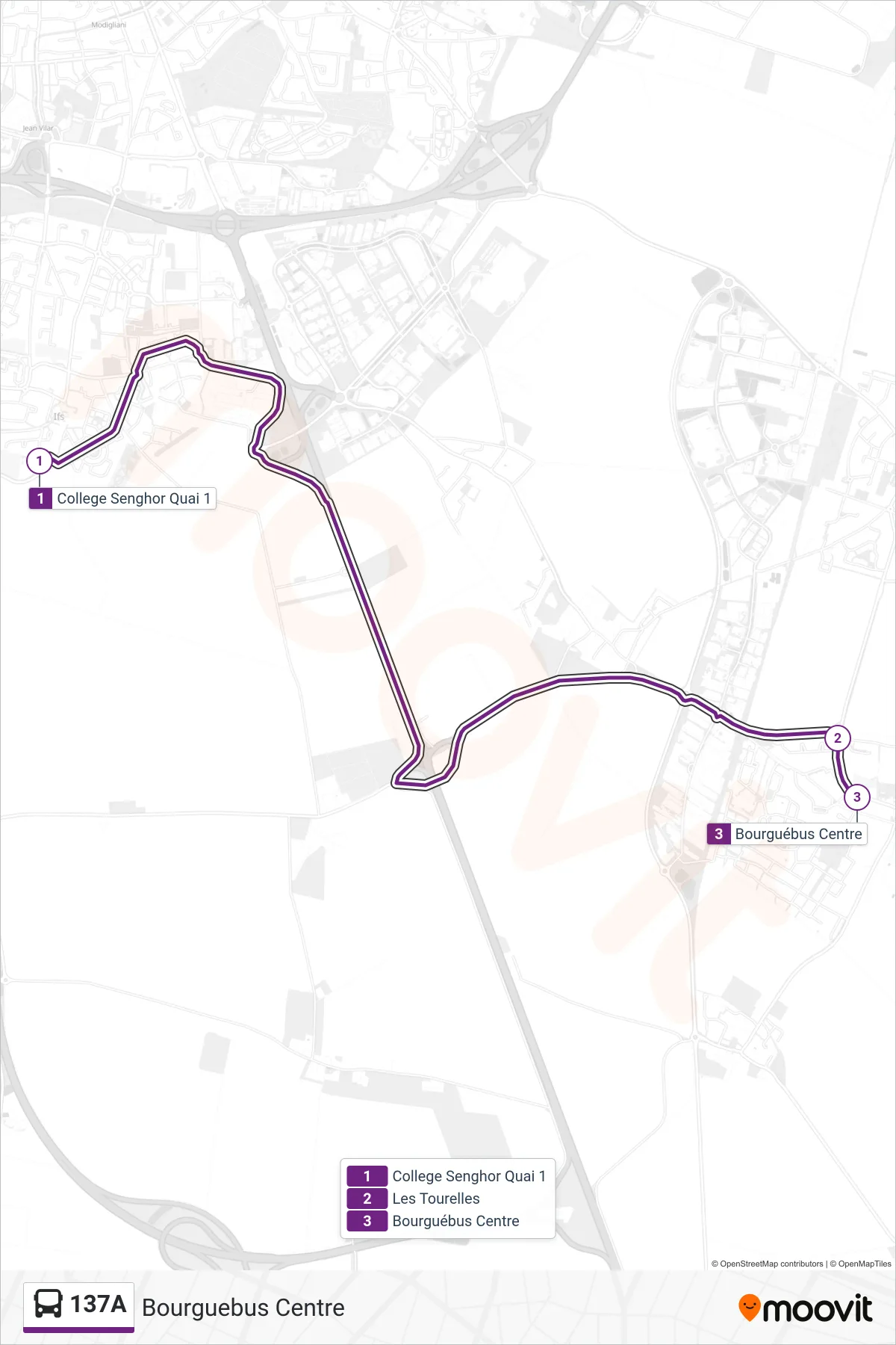 Tracé et arrêts de la ligne 137A de bus (Bourguebus Centre) sur une carte