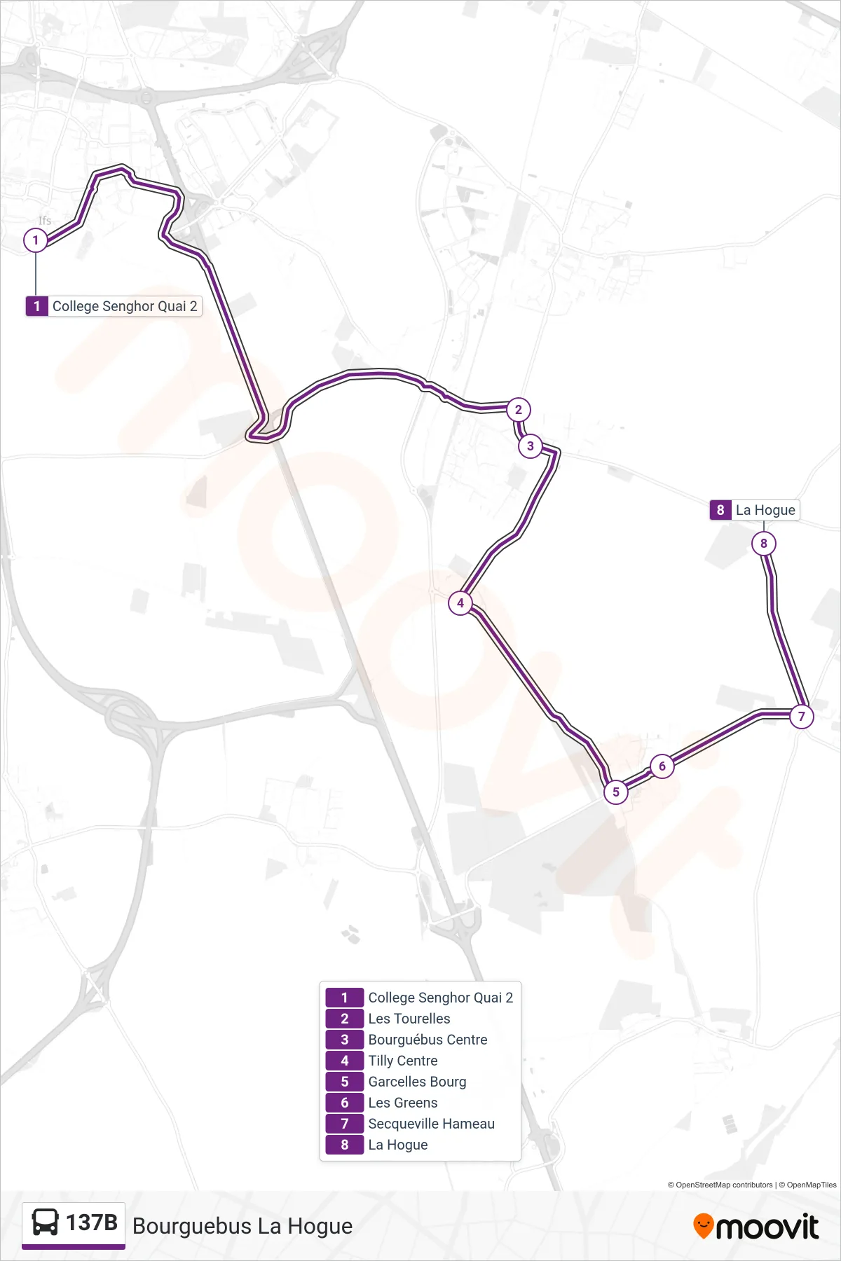 Tracé et arrêts de la ligne 137B de bus (Bourguebus La Hogue) sur une carte