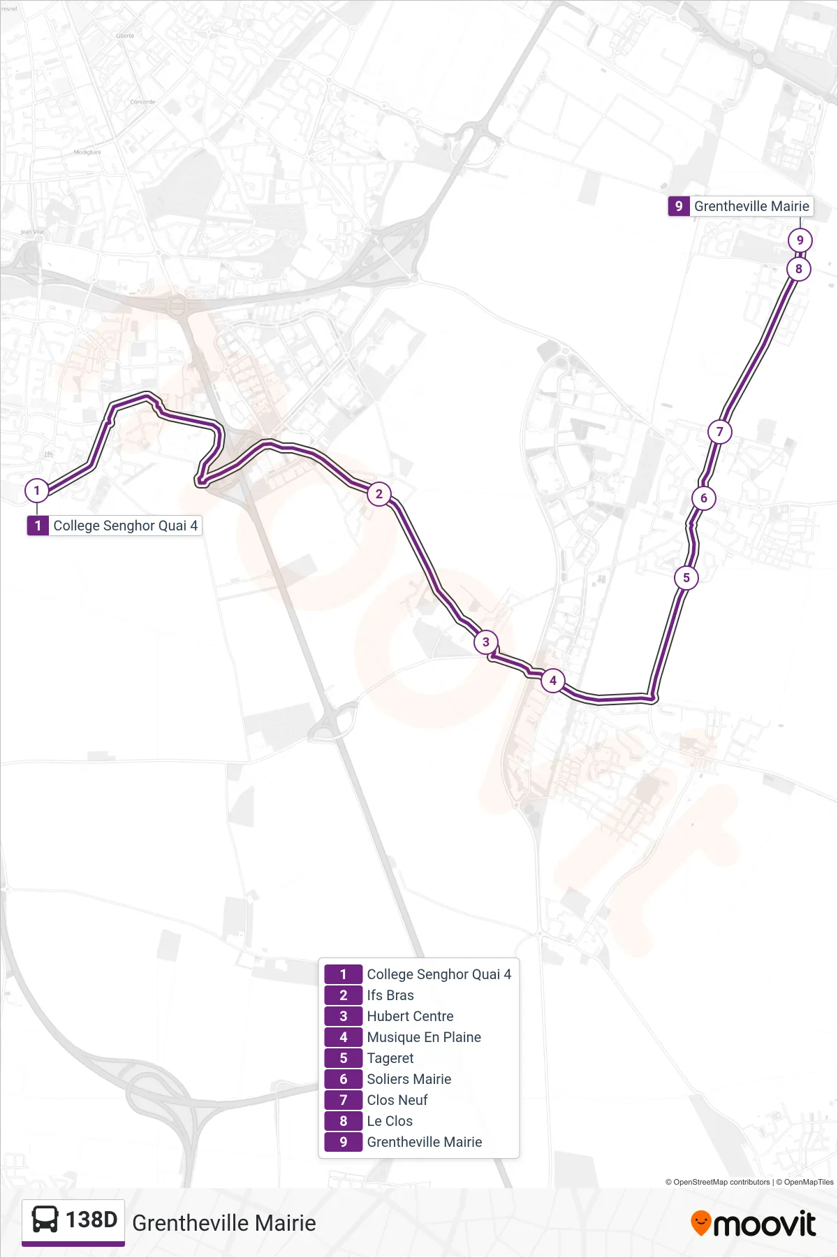 Tracé et arrêts de la ligne 138D de bus (Grentheville Mairie) sur une carte