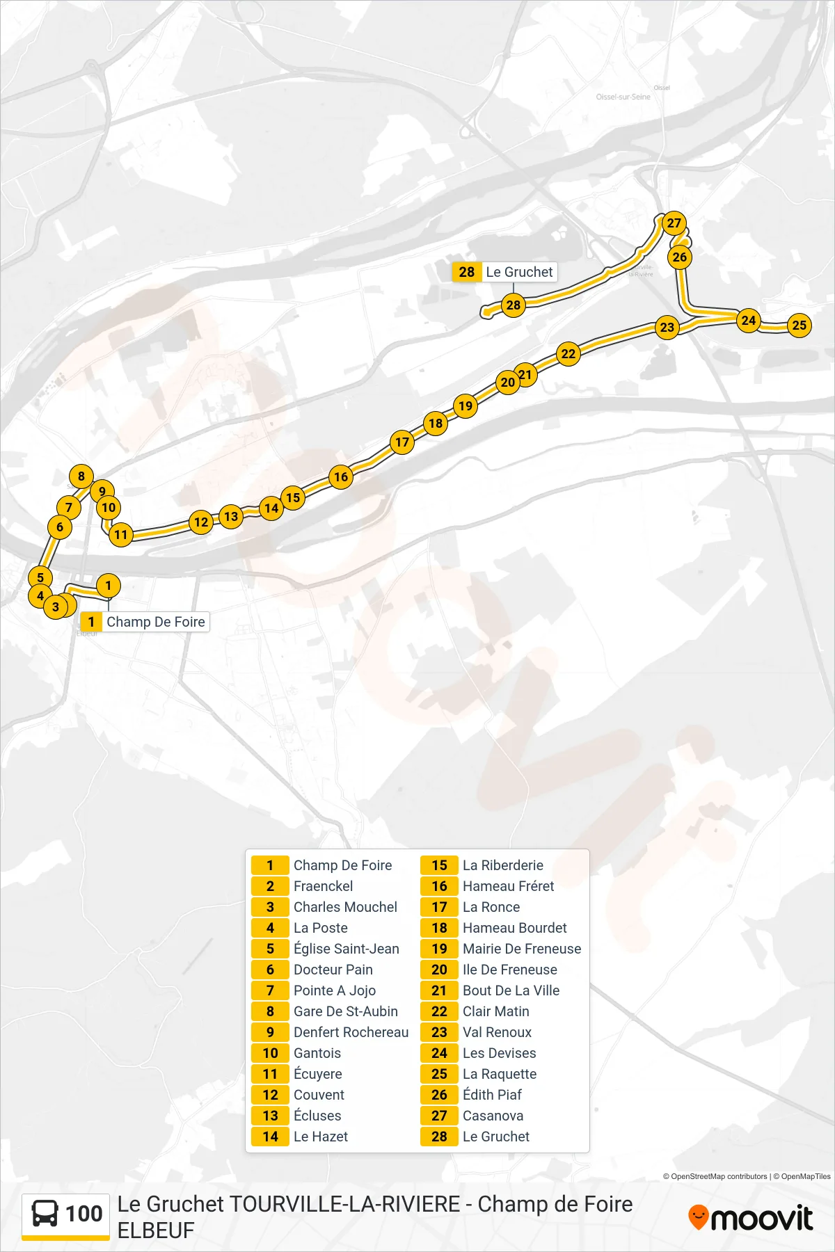 Recorrido y paradas de la línea 100 de autobús (Le Gruchet) en el mapa