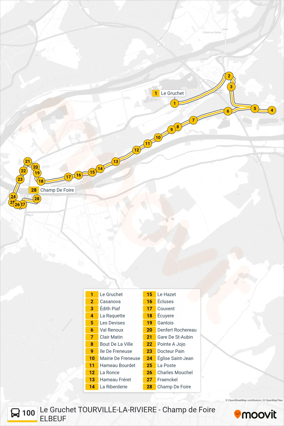 Tracé et arrêts de la ligne 100 de bus (Champ De Foire) sur une carte