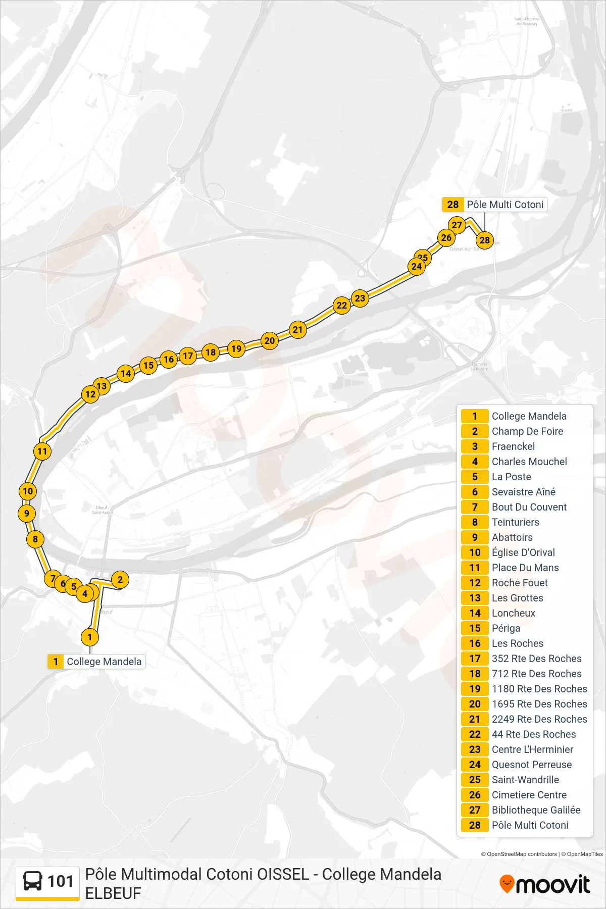 Tracé et arrêts de la ligne 101 de bus (Pôle Multimodal Cotoni) sur une carte