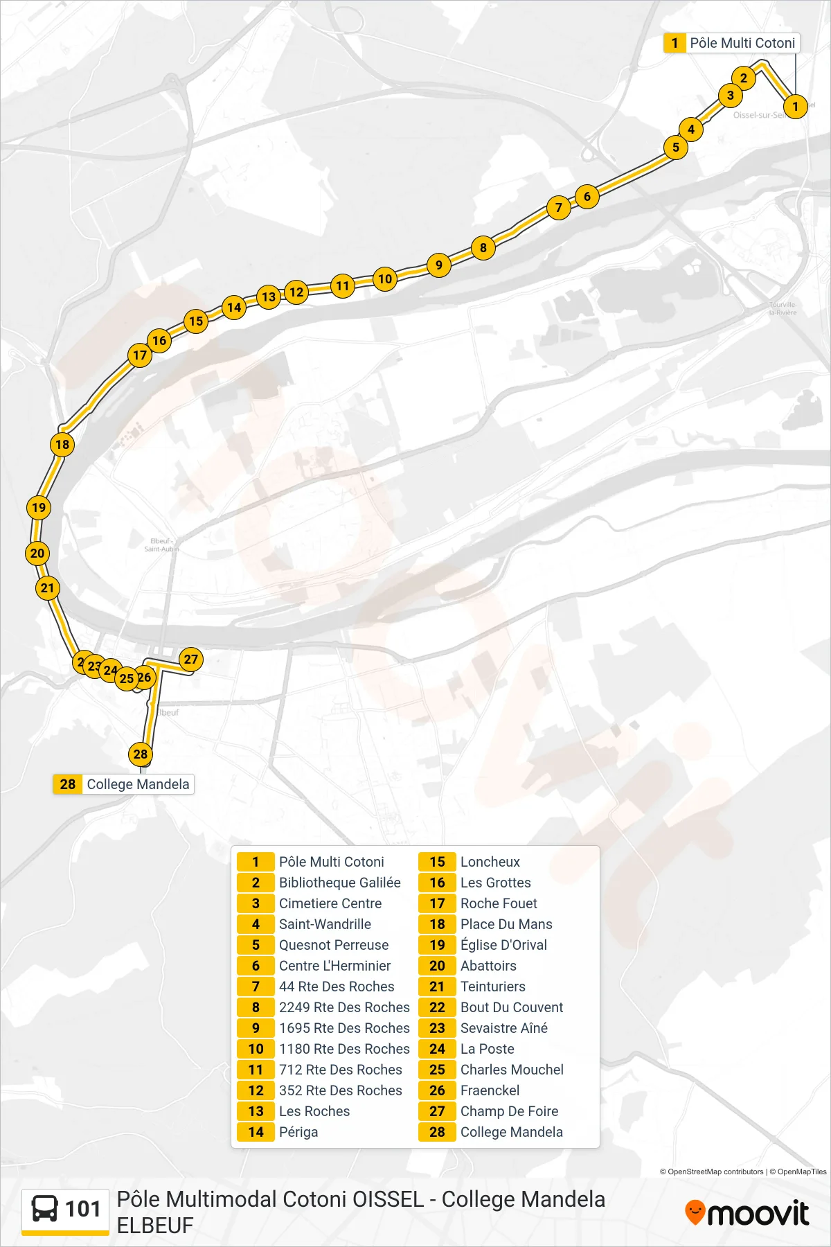 Recorrido y paradas de la línea 101 de autobús (College Mandela) en el mapa