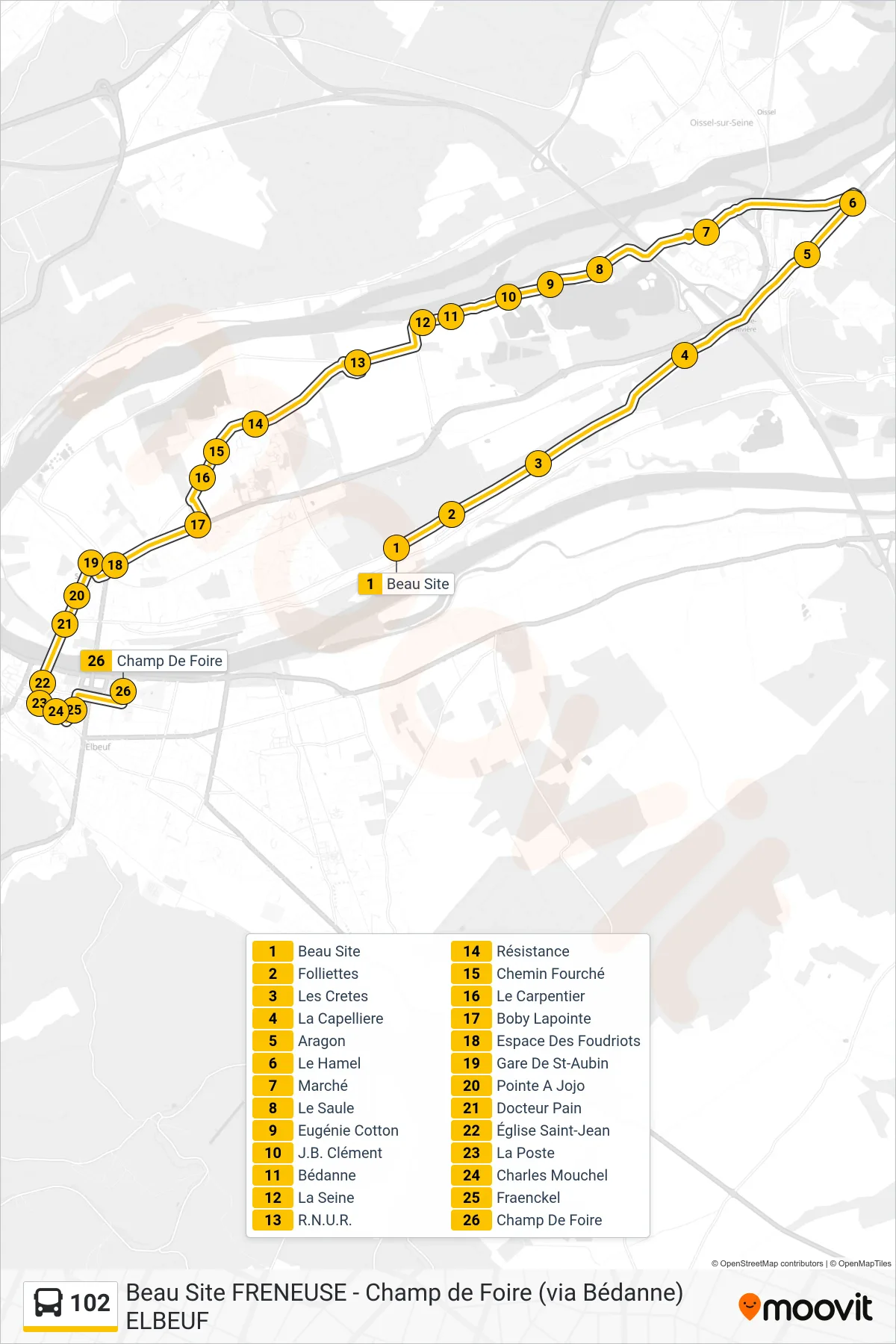 Tracé et arrêts de la ligne 102 de bus (Champ De Foire) sur une carte