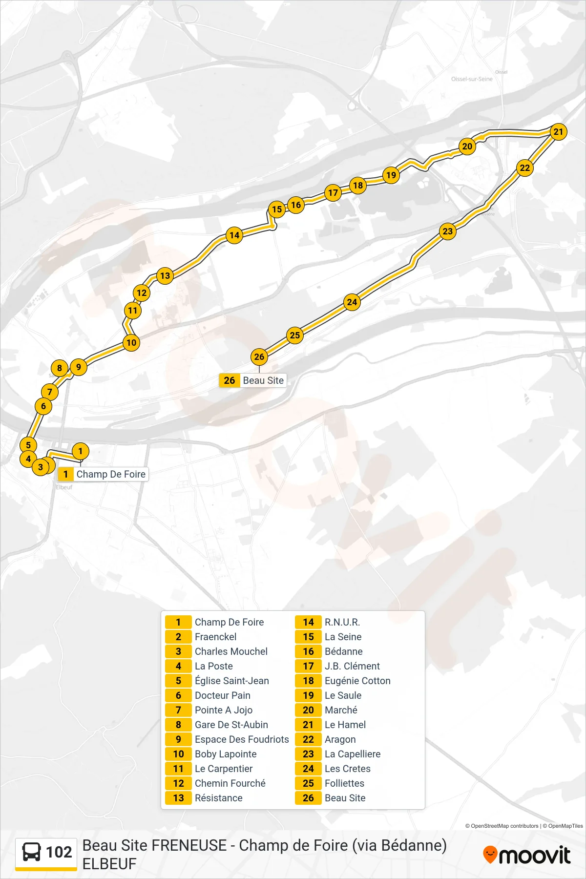 Tracé et arrêts de la ligne 102 de bus (Beau Site) sur une carte