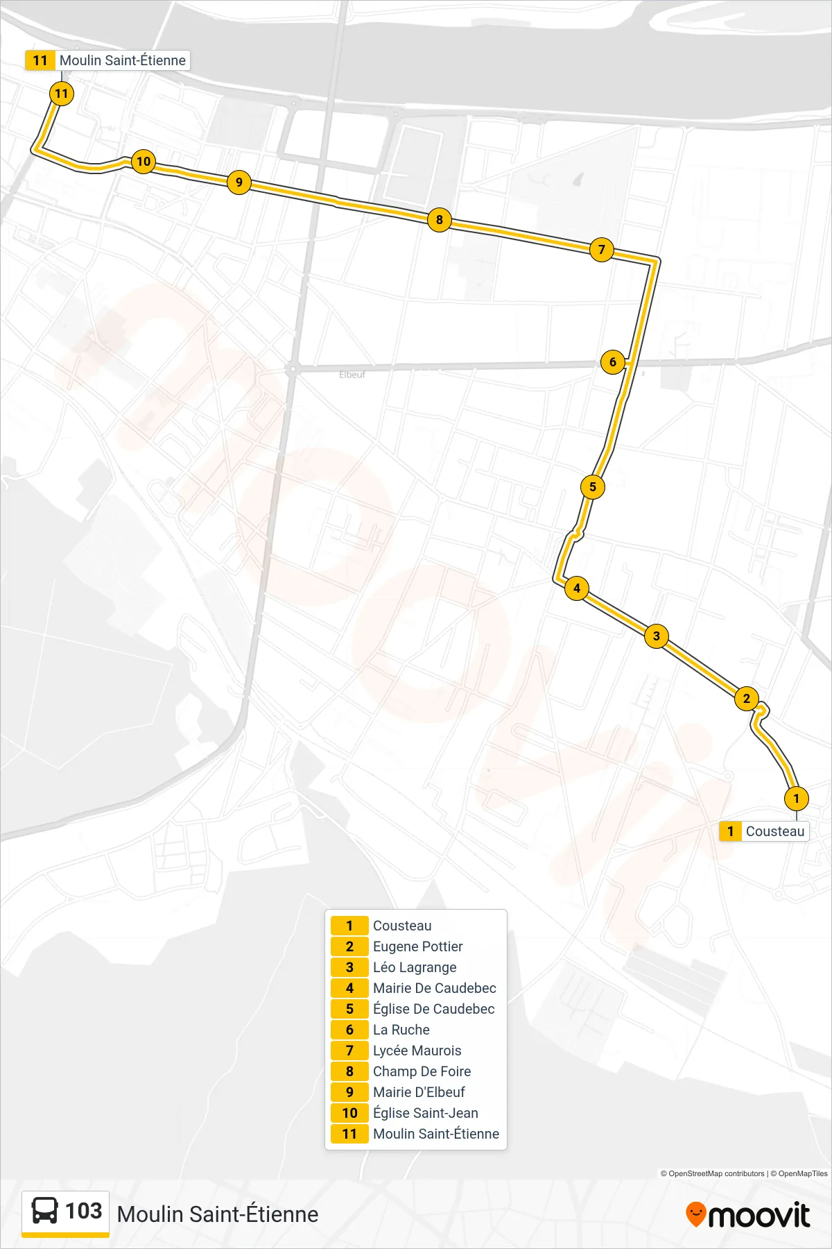 Recorrido y paradas de la línea 103 de autobús (Moulin Saint-Étienne) en el mapa