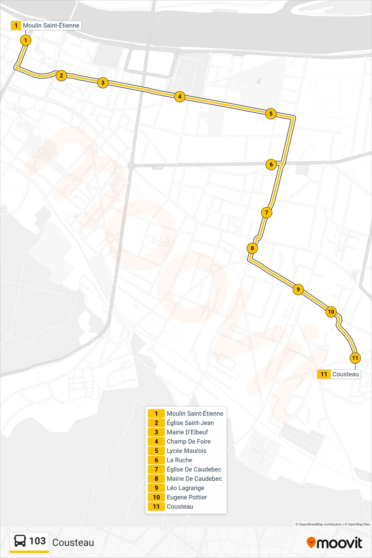 Tracé et arrêts de la ligne 103 de bus (Cousteau) sur une carte