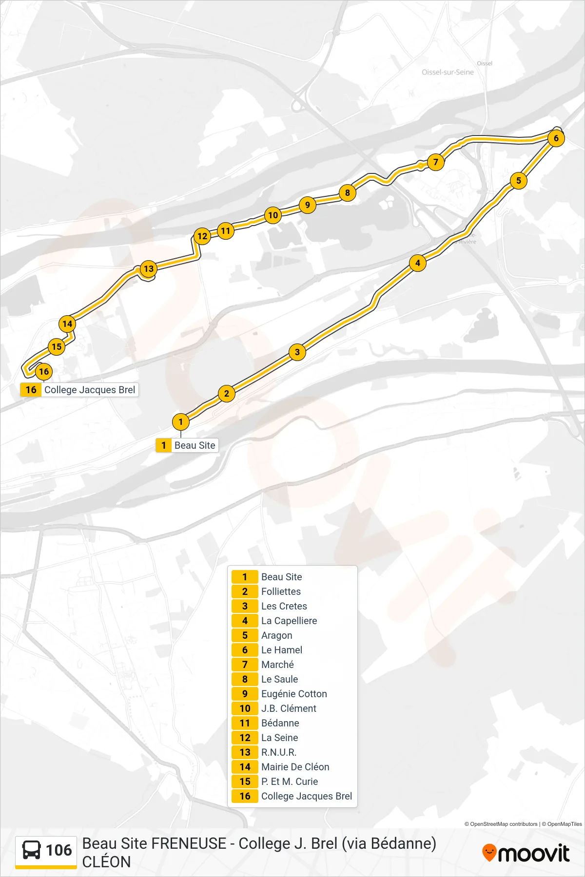 Tracé et arrêts de la ligne 106 de bus (College Jacques Brel) sur une carte