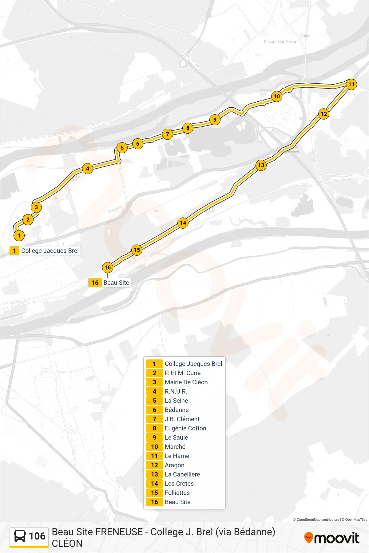 Tracé et arrêts de la ligne 106 de bus (Beau Site) sur une carte