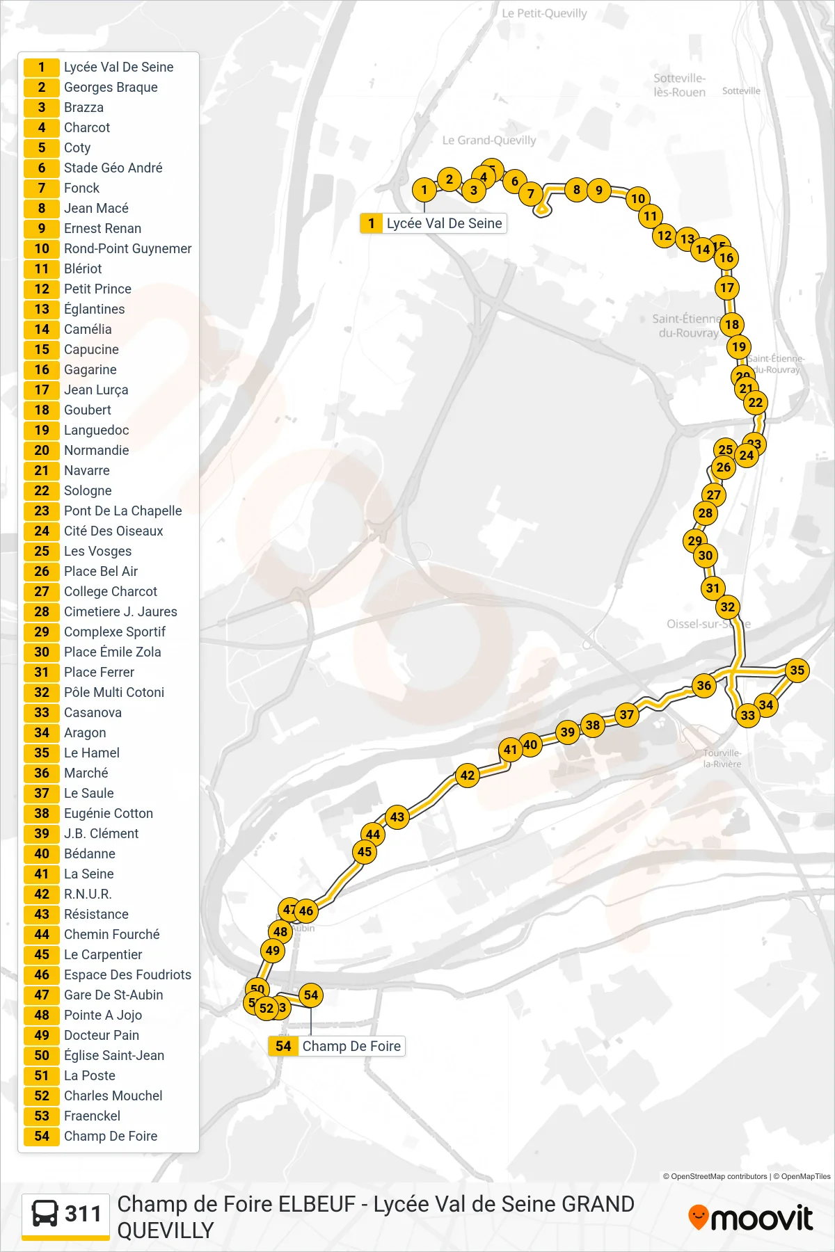 Tracé et arrêts de la ligne 311 de bus (Champ De Foire) sur une carte