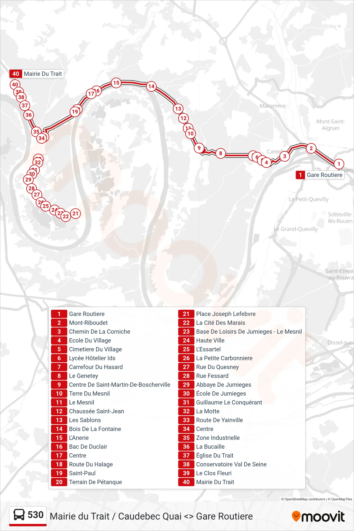 Tracé et arrêts de la ligne 530 de bus (Mairie Le Trait) sur une carte