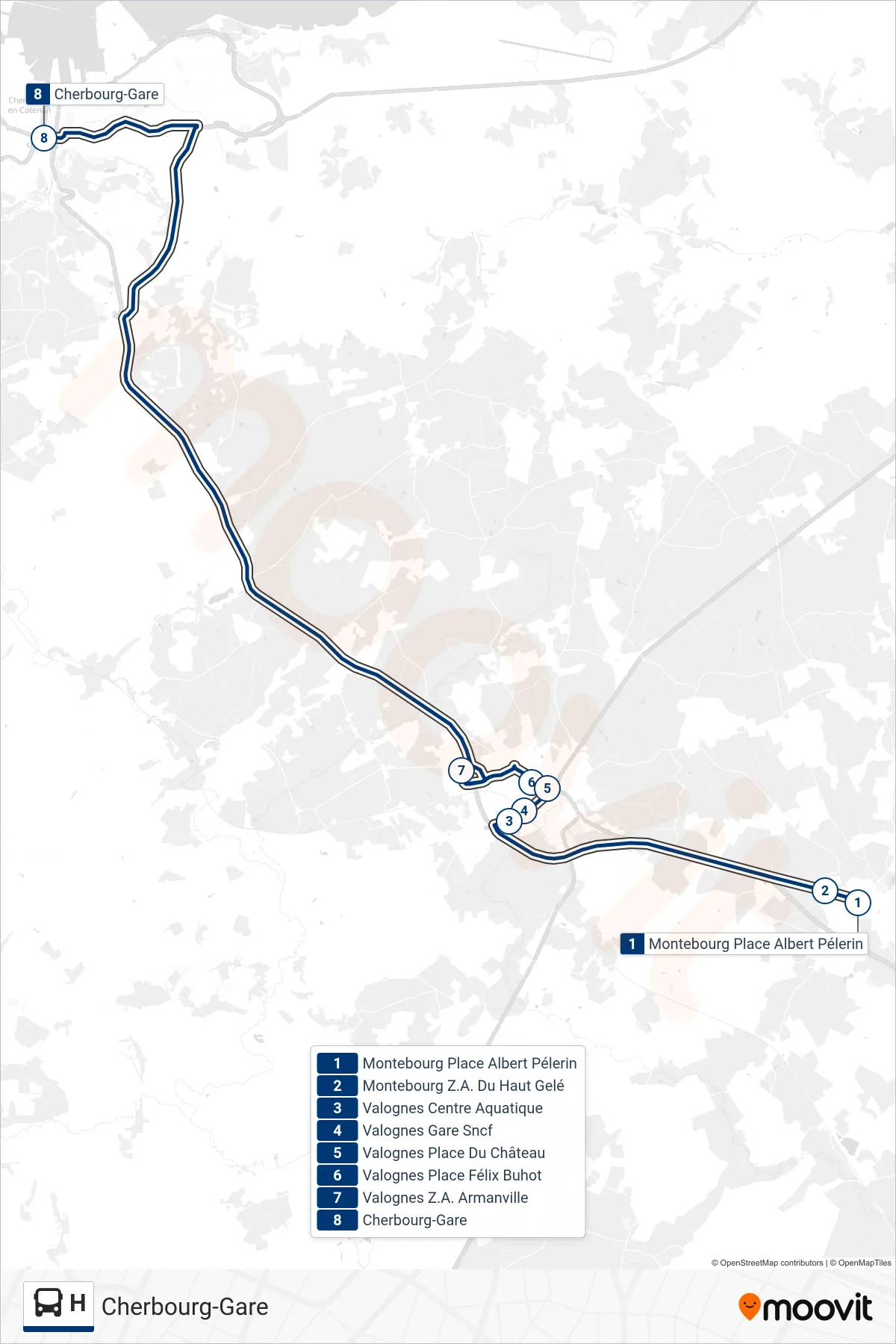 Tracé et arrêts de la ligne H de bus (Cherbourg-Gare) sur une carte