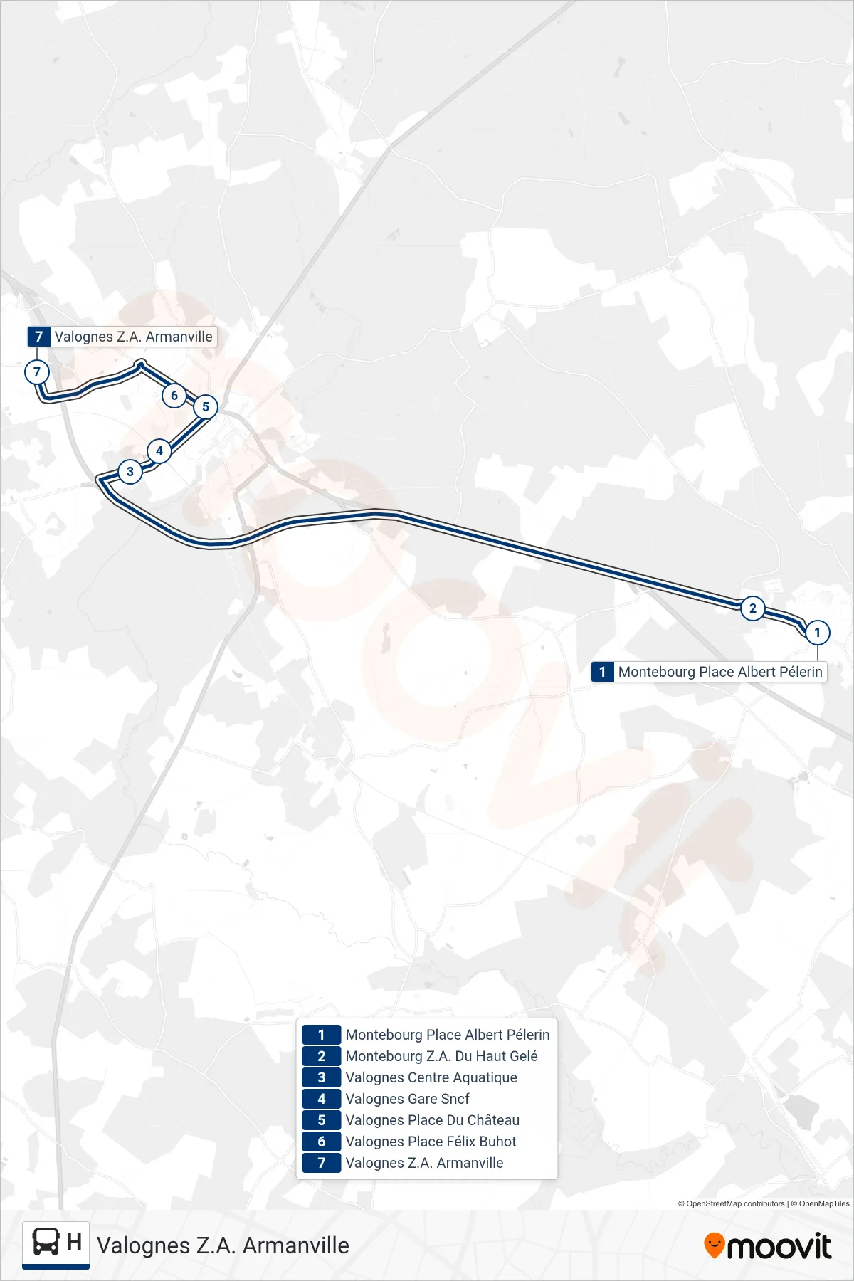 Tracé et arrêts de la ligne H de bus (Valognes Z.A. Armanville) sur une carte