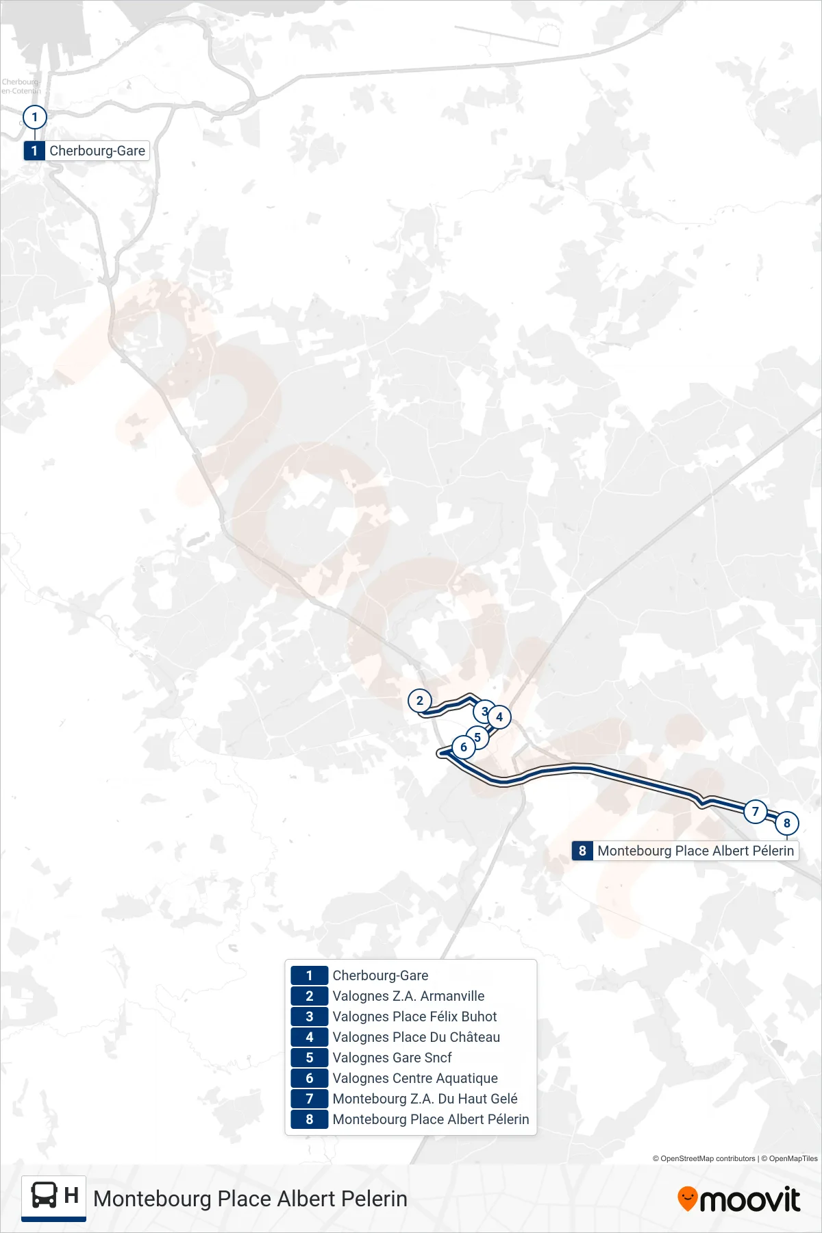 Recorrido y paradas de la línea H de autobús (Montebourg Place Albert Pelerin) en el mapa
