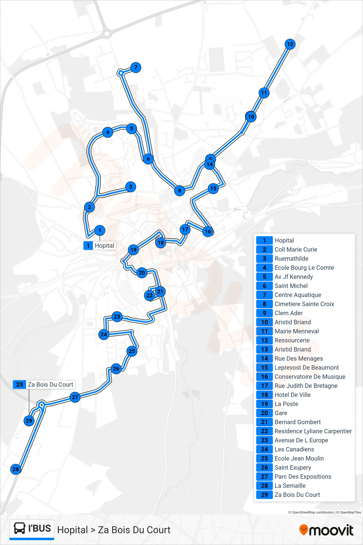 Tracé et arrêts de la ligne I'BUS de bus (Hopital > Za Bois Du Court) sur une carte