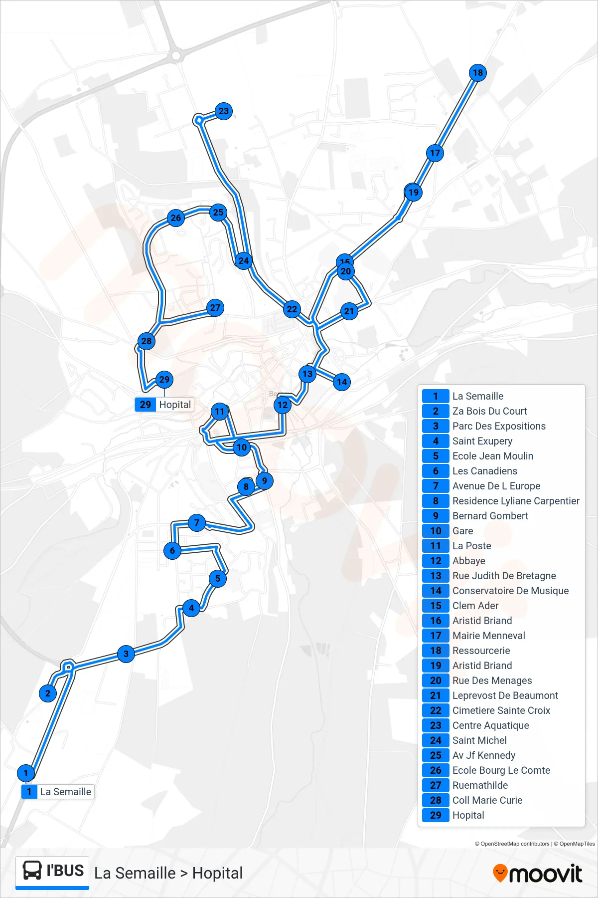 Tracé et arrêts de la ligne I'BUS de bus (La Semaille > Hopital) sur une carte
