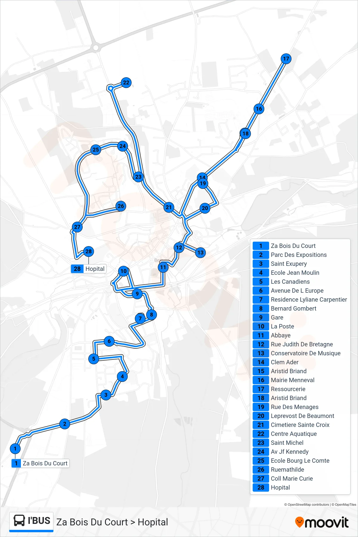 I'BUS bus Line (Za Bois Du Court > Hopital) route and stops on a map