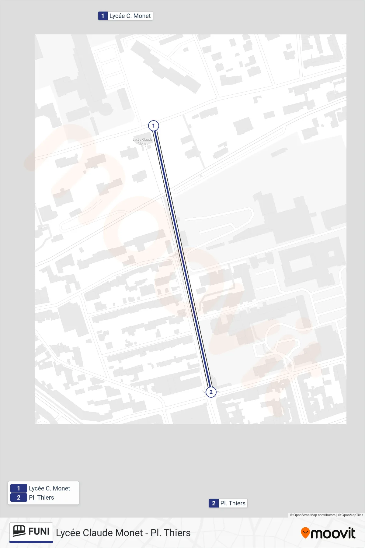 Tracé et arrêts de la ligne FUNI de funiculaire (Pl. Thiers) sur une carte