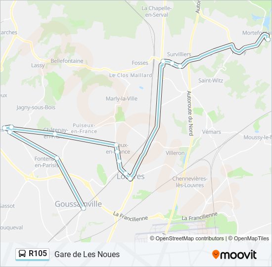 Plan de la ligne R105 de bus