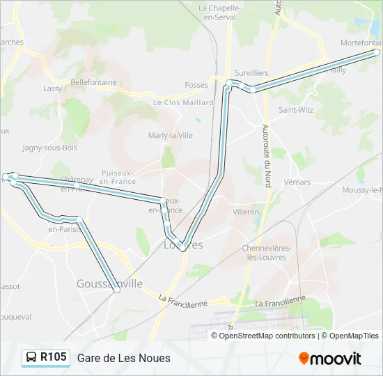 Plan de la ligne R105 de bus