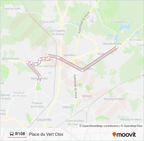 Plan de la ligne R108 de bus