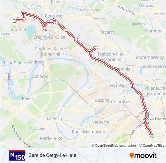 Plan de la ligne N150 de bus