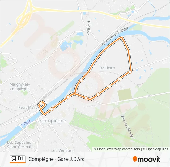 Plan de la ligne D1 de bus
