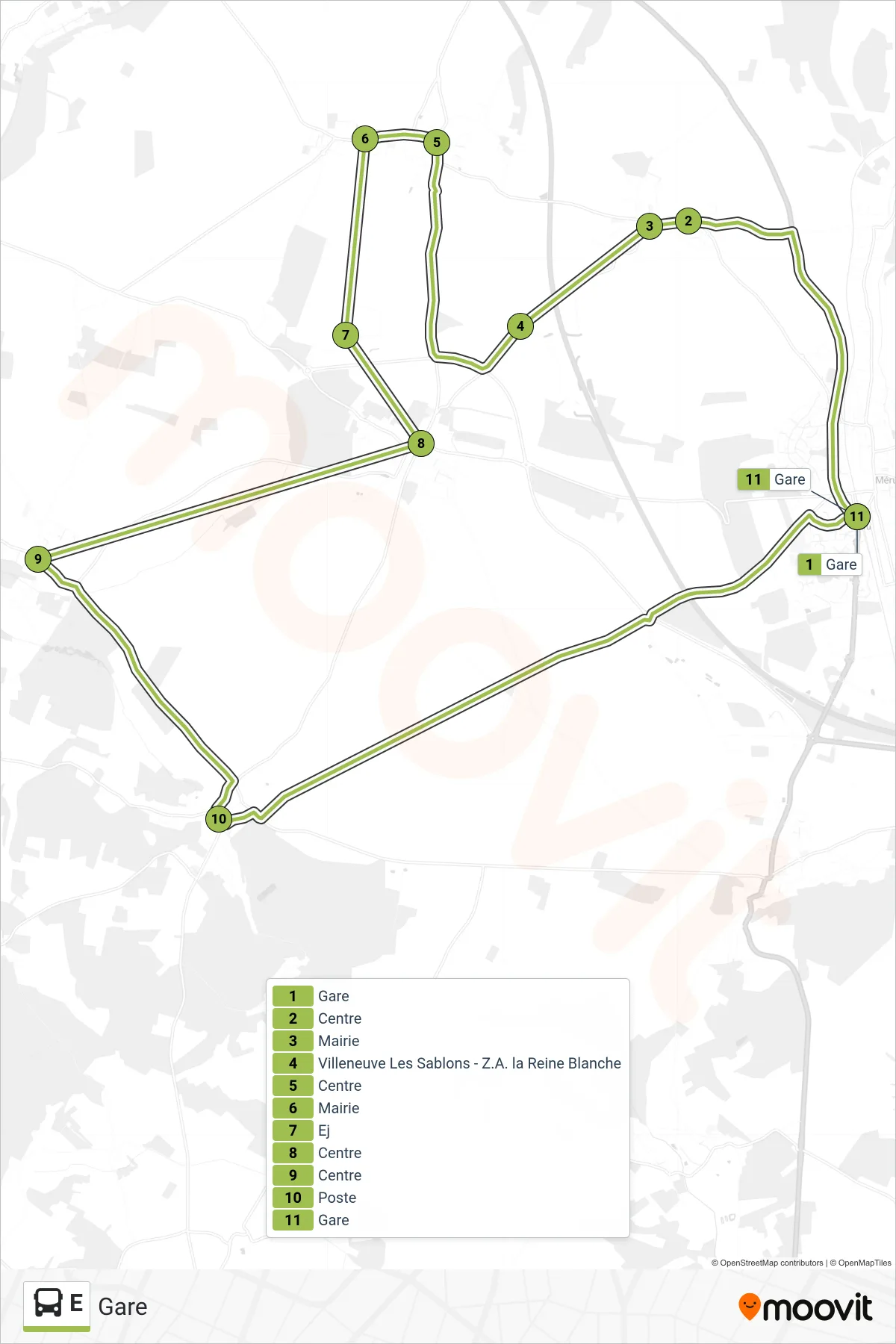 E bus Line (Gare) route and stops on a map
