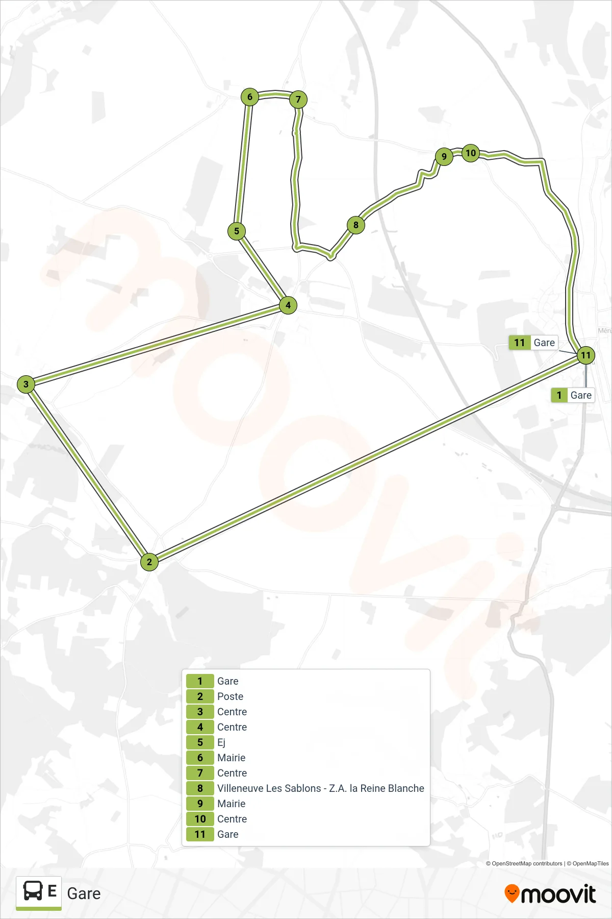 Recorrido y paradas de la línea E de autobús (Gare) en el mapa