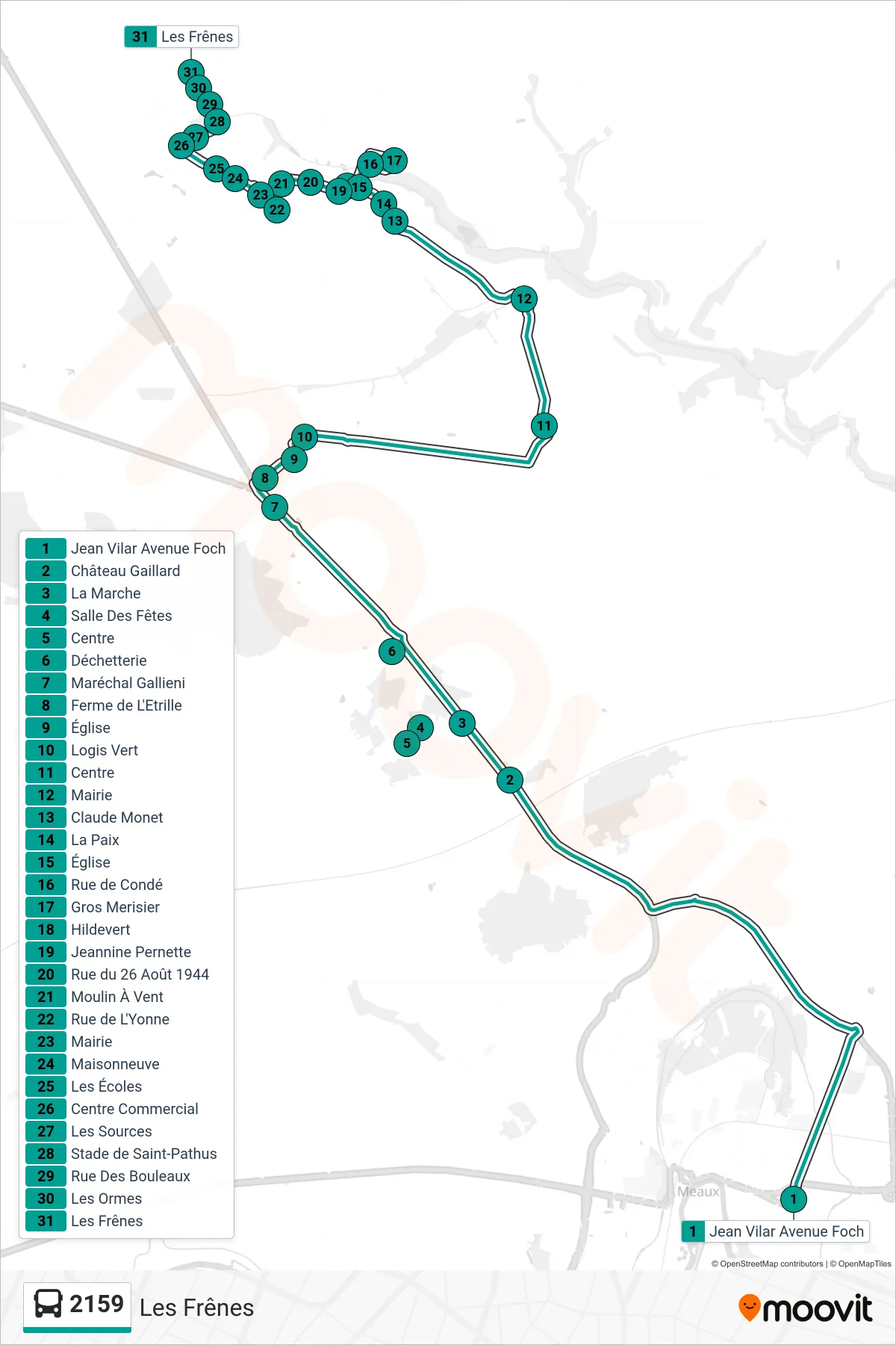 2159 bus Line (Les Frênes) route and stops on a map