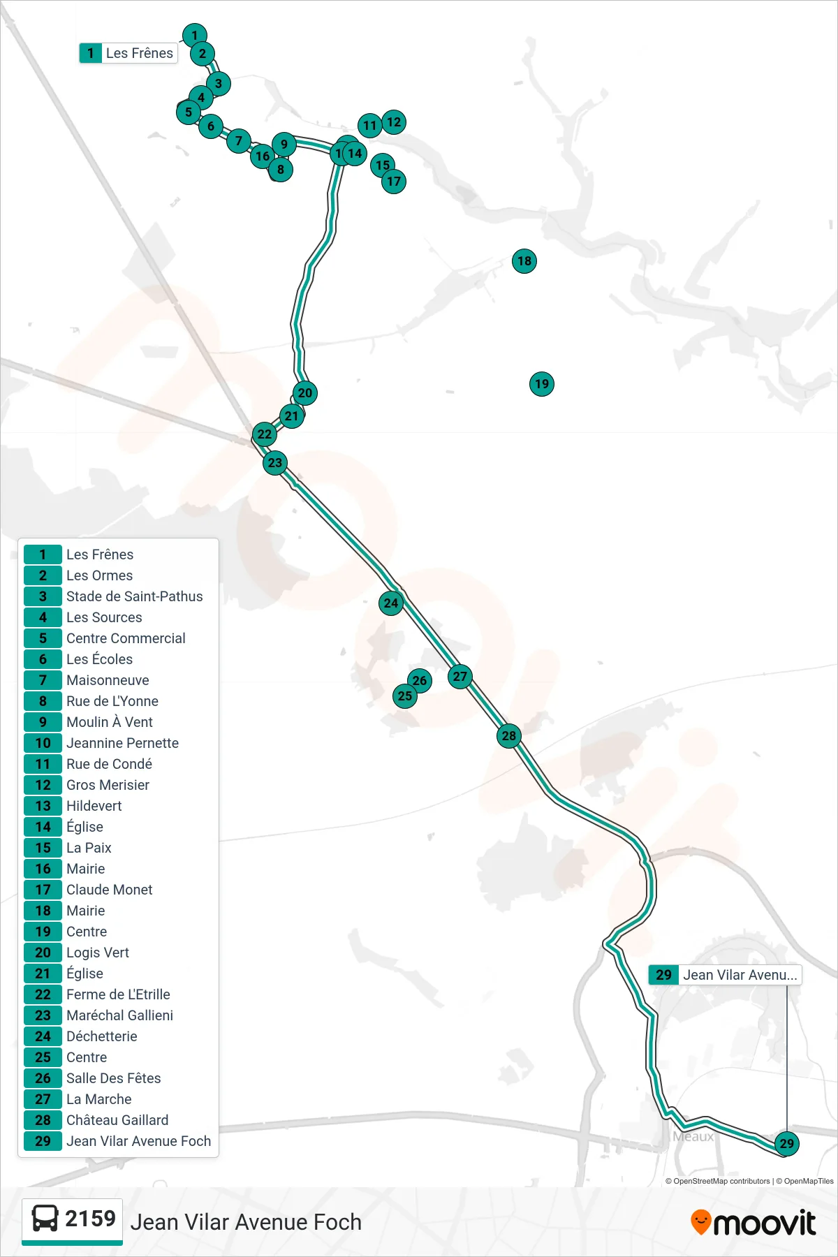 2159 bus Line (Jean Vilar Avenue Foch) route and stops on a map
