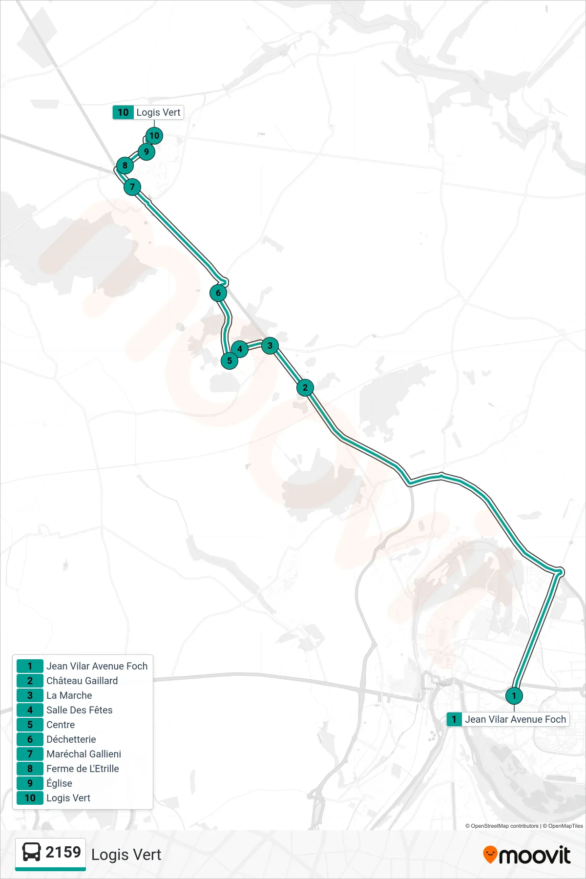 Tracé et arrêts de la ligne 2159 de bus (Logis Vert) sur une carte